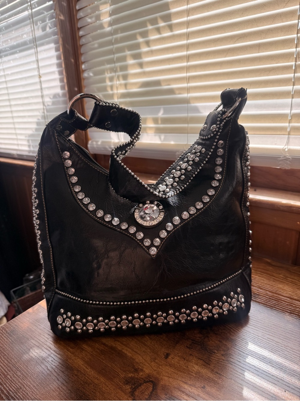 Studded Black Shoulder Bag with Crystal Accent